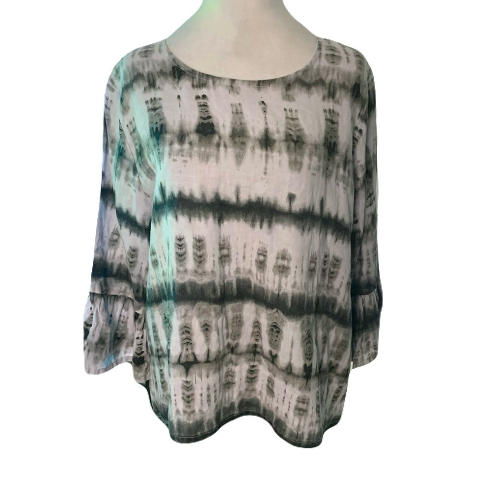 bryn Walker Women’s Large Linen Multicolor Gray Tie-Dye Blouse Ruffle Sleeve